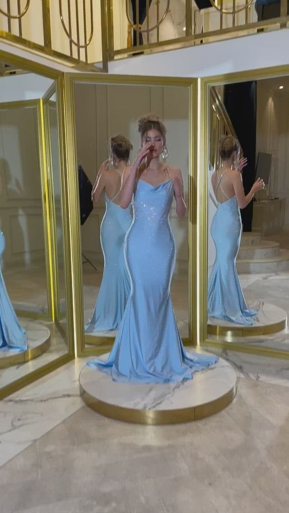 Sky Blue Cross Back Sequins Long Prom Dresses fg6986 - View 2 | VelvetHem