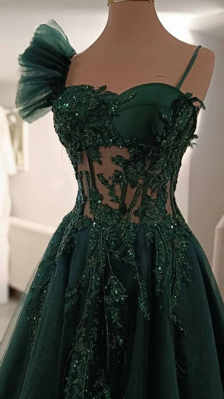Green Long A-Line Prom Dress, Spaghetti Straps Evening Dress fg6998 - VelvetHem