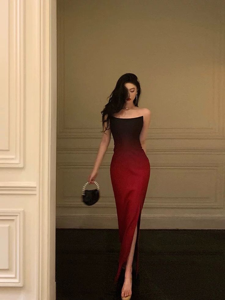 Sexy Mermaid Strapless Ombre Burgundy Satin Slit Long Prom Dresses Birthday Outfits fg7027 - View 4 | VelvetHem
