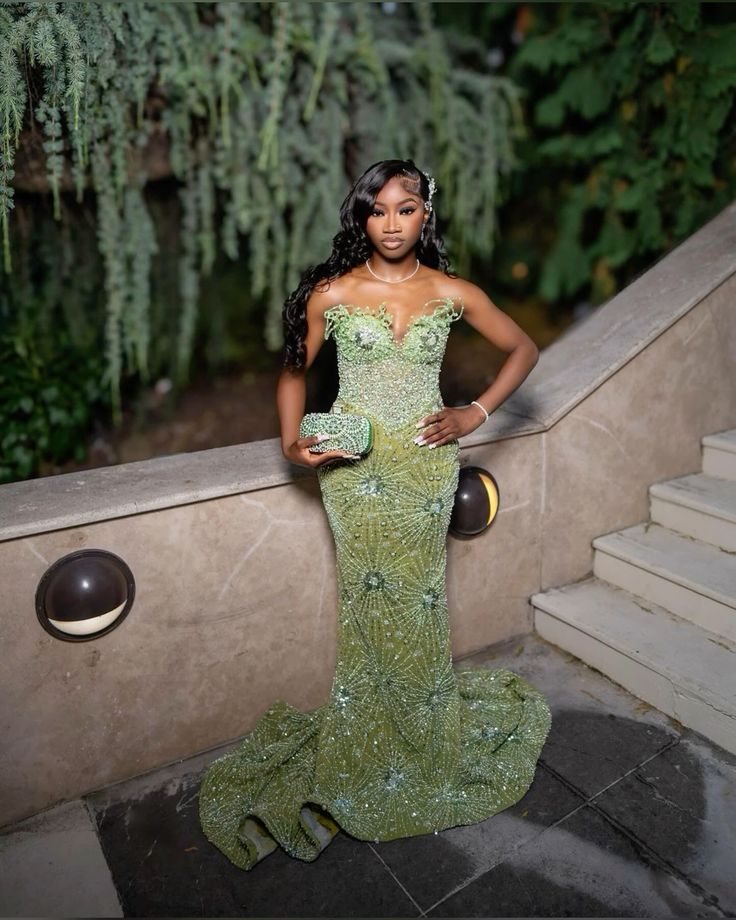 Green Mermaid Long Evening Gown Shinny Prom Dress fg7075 - View 3 | VelvetHem