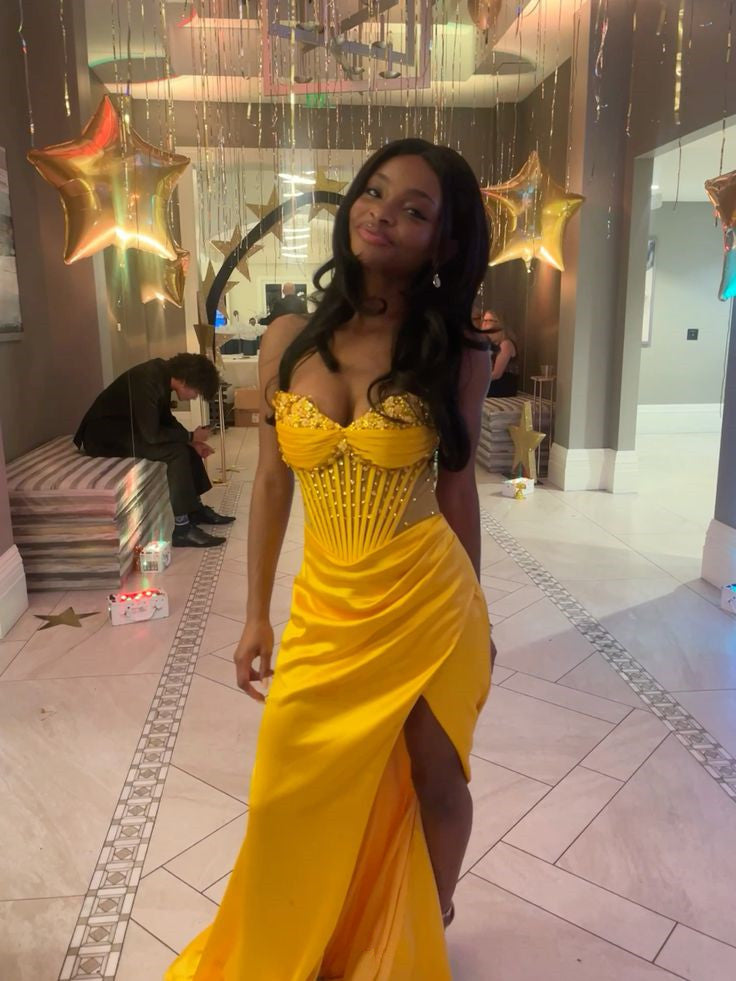Yellow Mermaid Long Prom Dress Evening Party Dress With Slit fg7038 - View 3 | VelvetHem