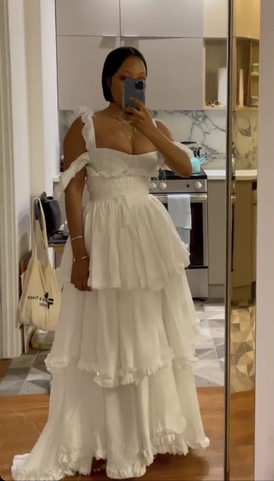 Sexy A line Straps Ruffles Floor Length Chiffon White Prom Dress fg7016 - VelvetHem