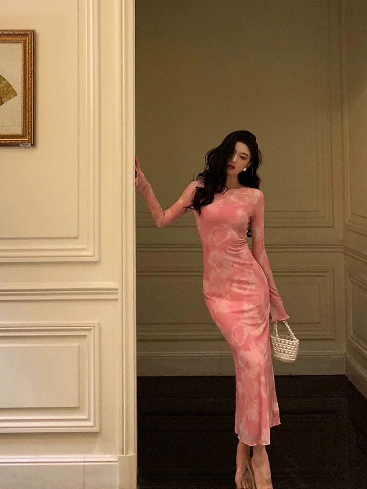 Sexy Sheath Pink Floral Long Sleeves Prom Dresses Birthday Outfits fg7030 - View 2 | VelvetHem