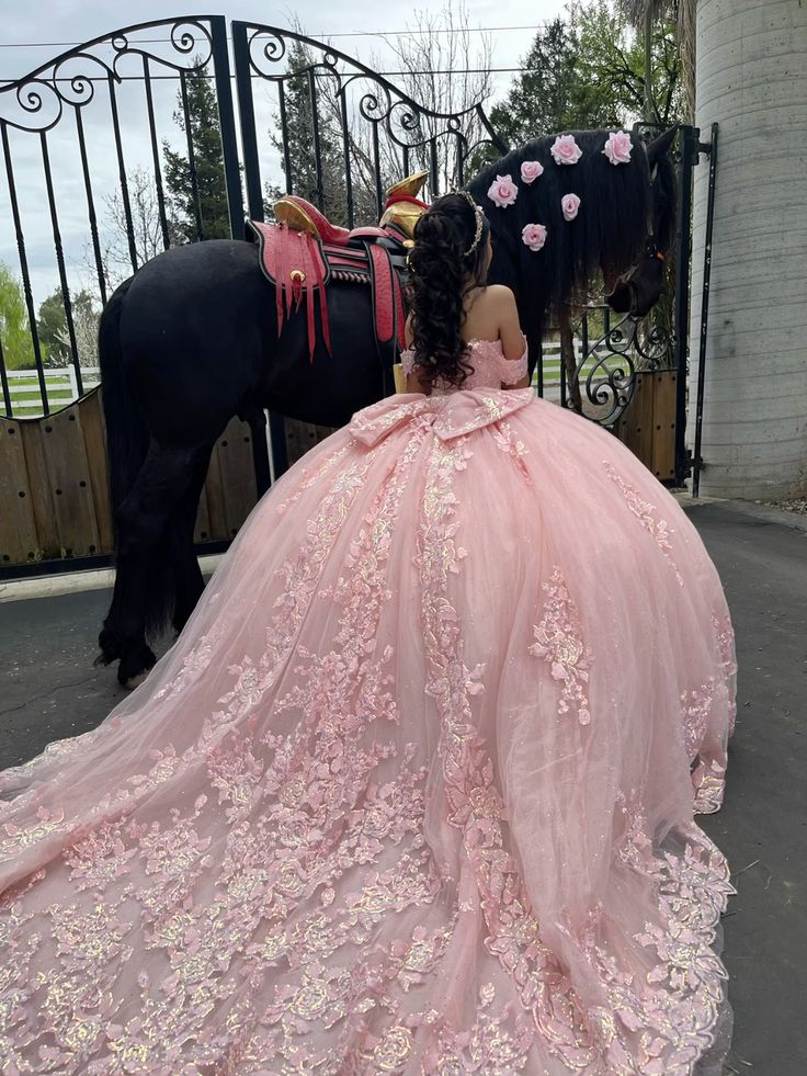Pink Quinceanera Dress Off Shoulder Appliques Ball Gown With Bow fg7090 - VelvetHem