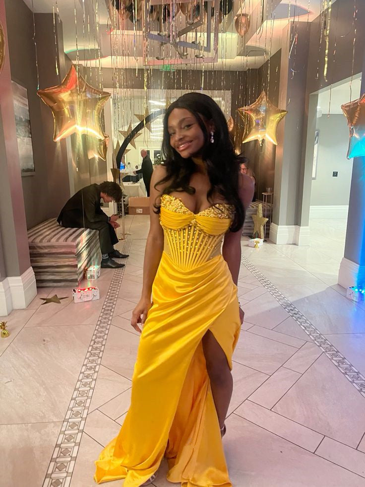 Yellow Mermaid Long Prom Dress Evening Party Dress With Slit fg7038 - VelvetHem