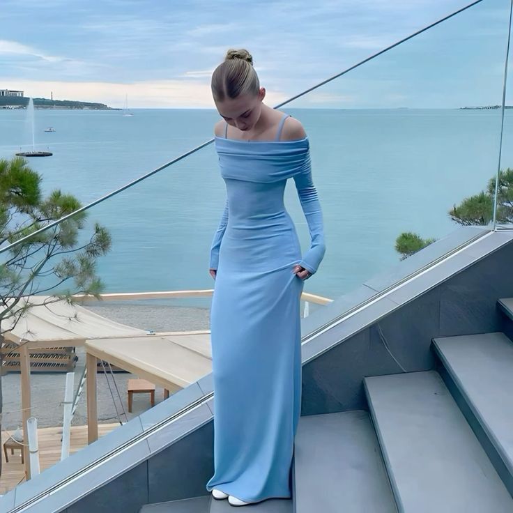 off shoulder long dress elegant tight long sleeves casual gowns fg7068 - VelvetHem
