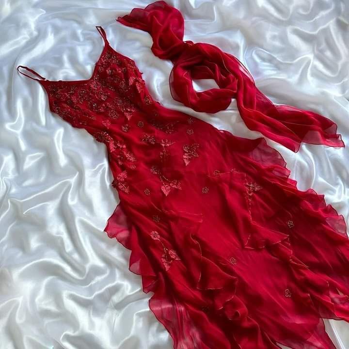 Spaghetti Straps Chiffon Ruffles Beading Red Prom Dress Red Evening Dress fg7111 - VelvetHem