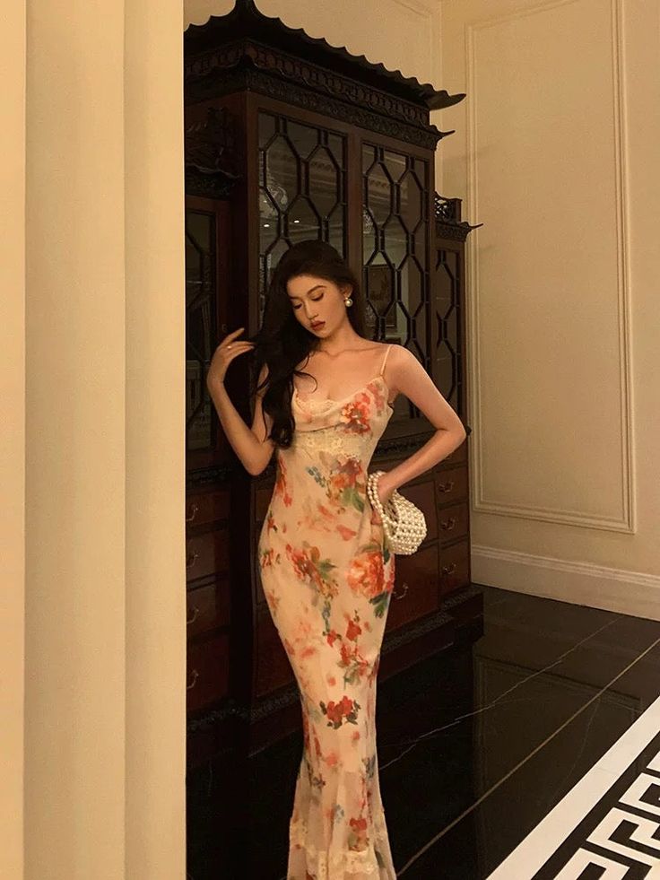 Sexy Sheath Spaghetti Straps Floral Ankle Length Prom Dresses Birthday Dress fg7029 - View 2 | VelvetHem