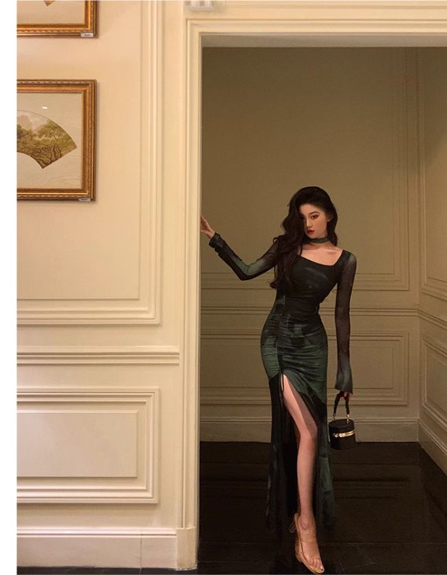 Chic Sheath Square Neckline Long Sleeves Green Long Prom Dresses Birthday Dress fg7033 - View 2 | VelvetHem