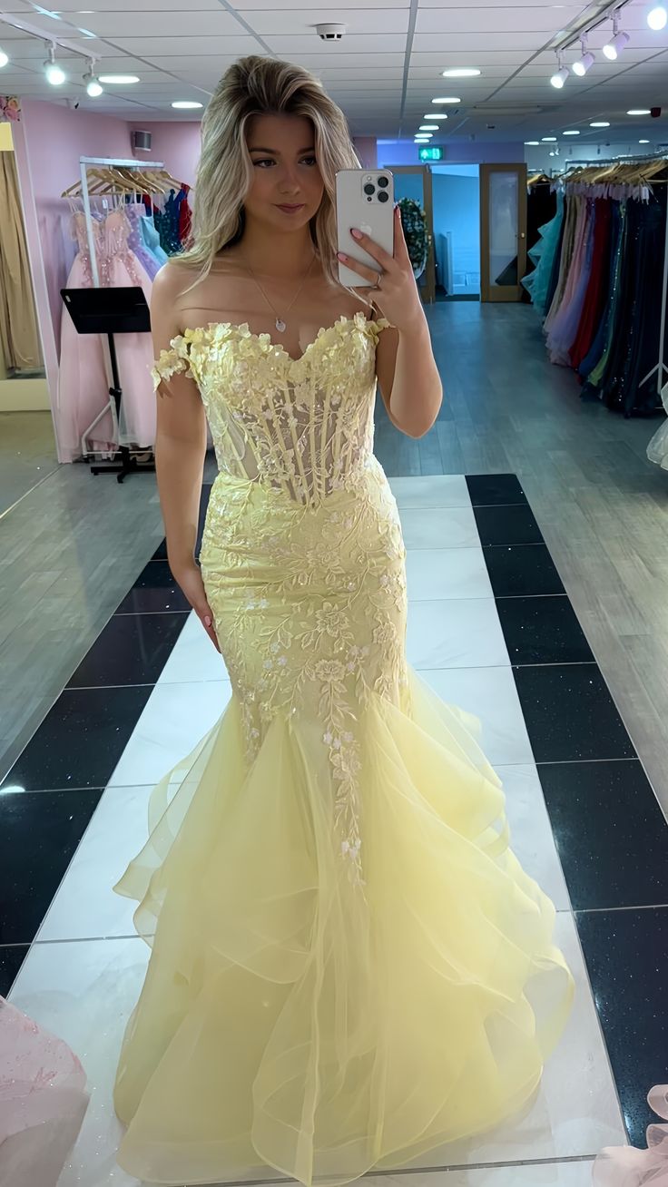 Yellow Mermaid Lace Evening Prom Dress, Long Party Formal Dresses fg7181 - VelvetHem