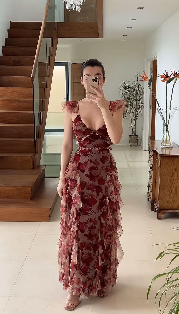 Vintage Chiffon Print Irregular Ruffles Long Prom Dress A Line Evening Party Dress fg7034 - VelvetHem