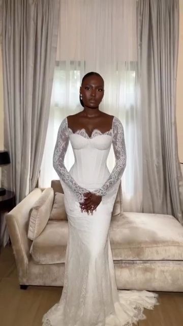 White Mermaid Wedding Dress Elegant African Lace Long Sleeves Bridal Gown fg7219 - VelvetHem