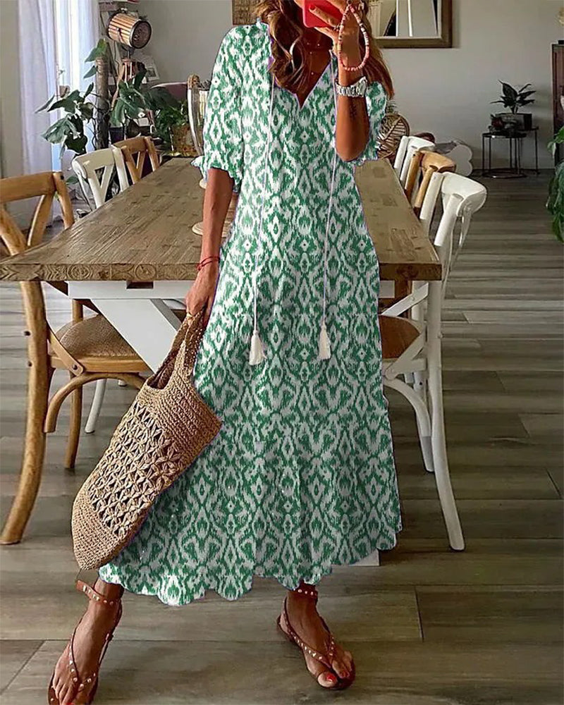Luciana Premium Printed Long Dress with V Neck and Half Sleeves Wardrobe Essential