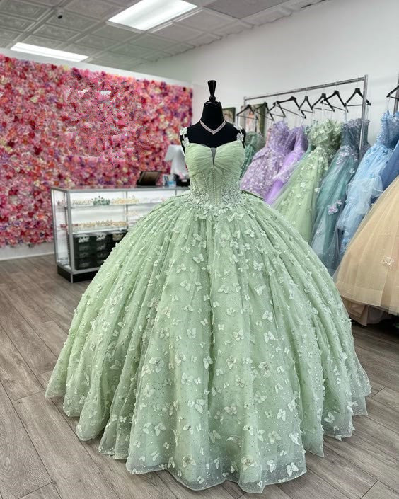 3D Butterfly Quinceanera Dresses Sage Green Ball Gowns with Crystal Corset fg6684 - View 3 | VelvetHem