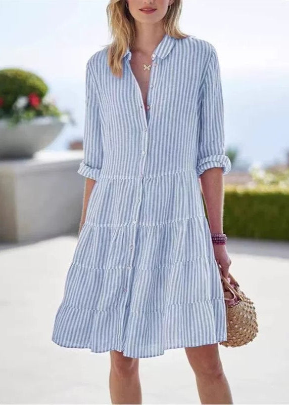 Casual Women Blue Striped Midi Shirt Dress Long Sleeve - Omychic