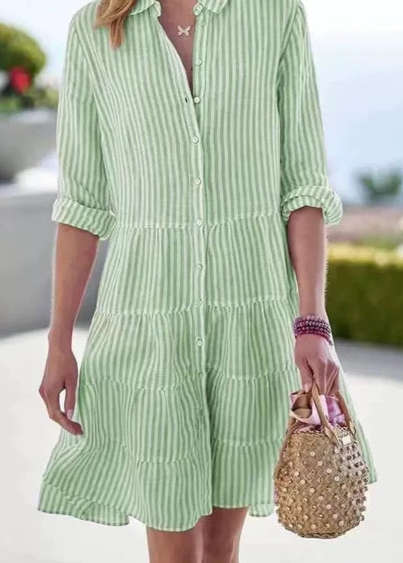Casual Women Blue Striped Midi Shirt Dress Long Sleeve - Omychic