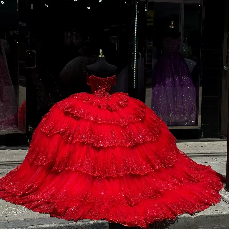 Luxury Red Quinceanera Dress with Crystal Beading Lace Appliques Sweet 16 15 Ball Gown fg6302 - View 2 | VelvetHem