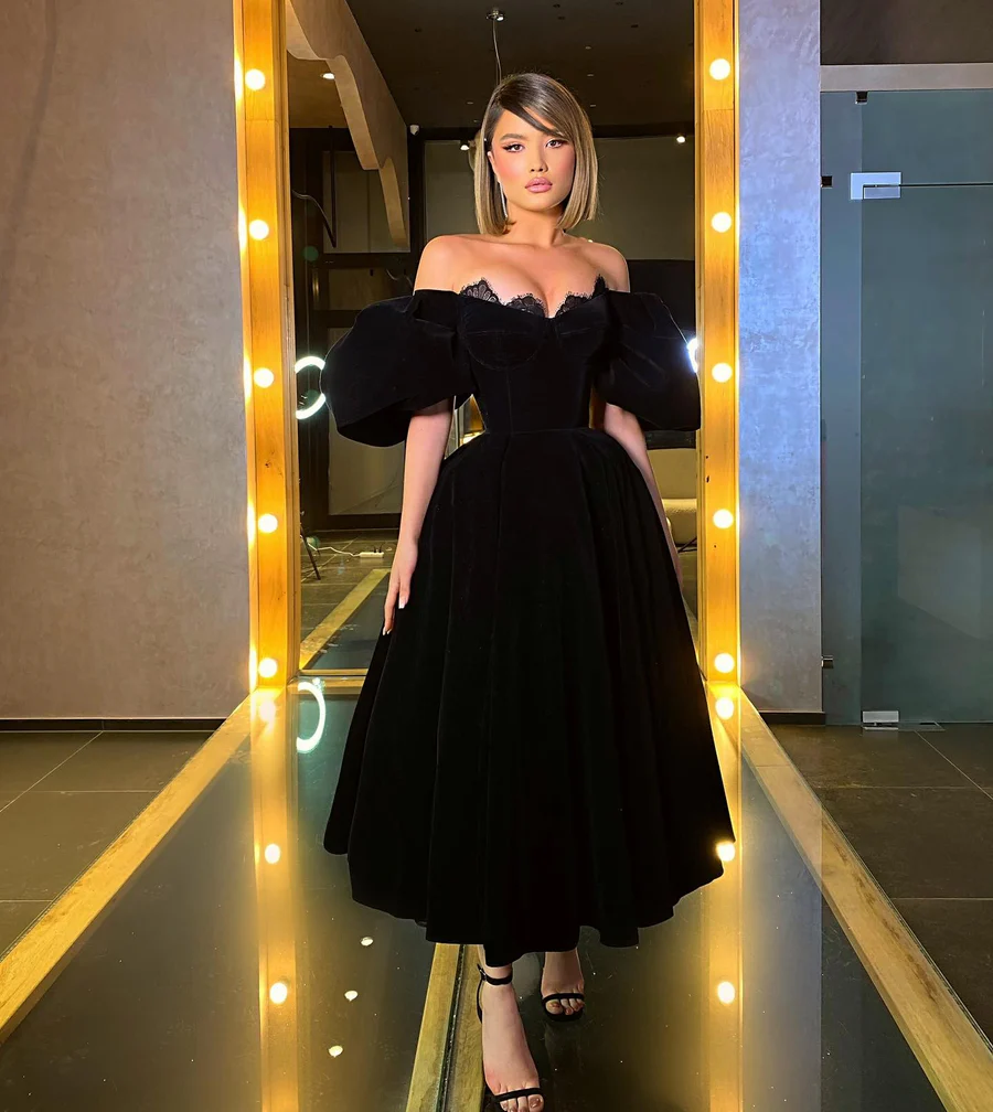 Velvet A-Line Black Homecoming Dresses, Off The Shoulder Graduation Dresses With Bubble Sleeves fg6643 - VelvetHem