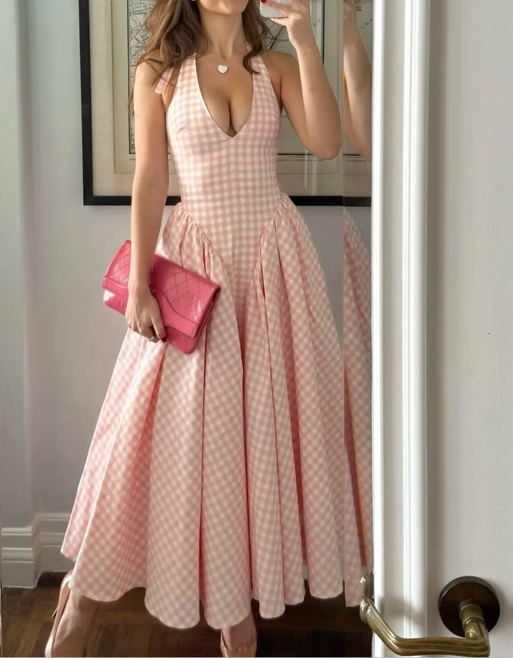 A Line Halter Sleeveless Plaid dress Evening Party Gowns fg7423 - VelvetHem