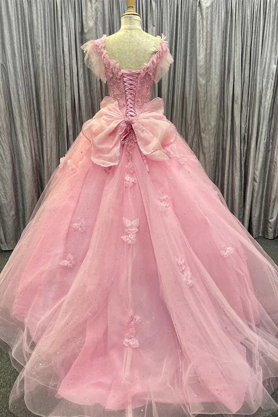Pink Tulle 3D Floral Lace Bow-Back Ball Gown with Flutter Sleeves fg6489 - View 2 | VelvetHem