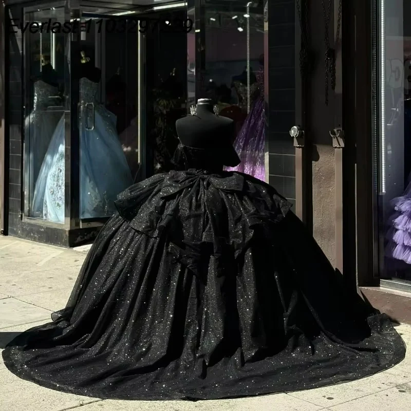 Ball Gown Shiny Black Quinceanera Dress Beaded Crystal Bow Sweet 15 Gowns fg6632 - View 2 | VelvetHem