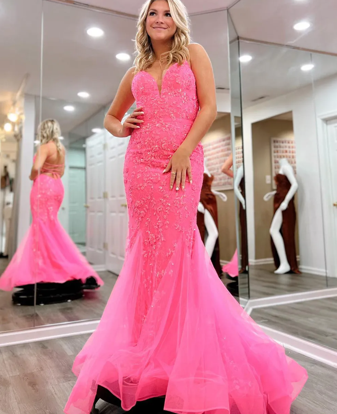 Mermaid Spaghetti Straps Hot Pink Long Prom Dress Lace Formal Dress fg6321 - View 2 | VelvetHem