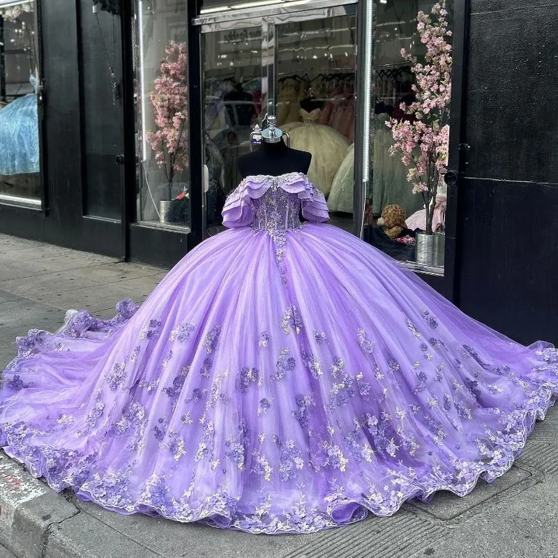 Ball Gown Luxury Off-Shoulder 3D Floral Quinceanera Dress in Lilac fg6488 - VelvetHem