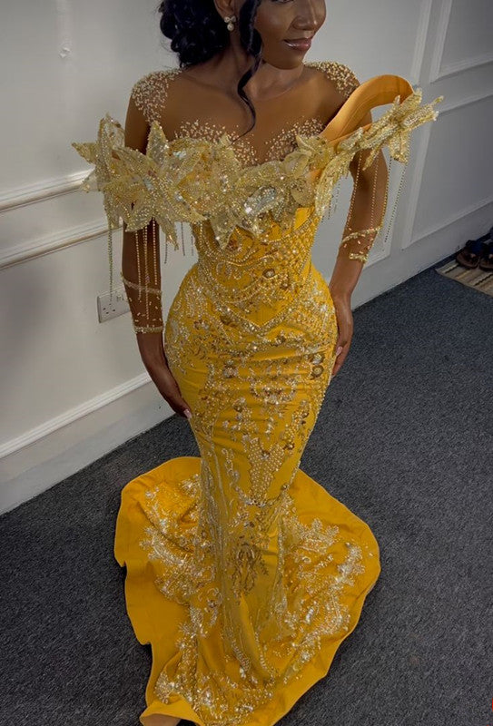 Gorgeous Yellow Beaded Mermaid Evening Dress Long Prom Dress fg6966 - VelvetHem