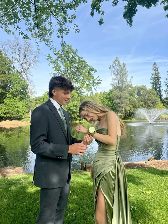 Strapless Green Satin Long Prom Dress With Slit fg6646 - View 2 | VelvetHem