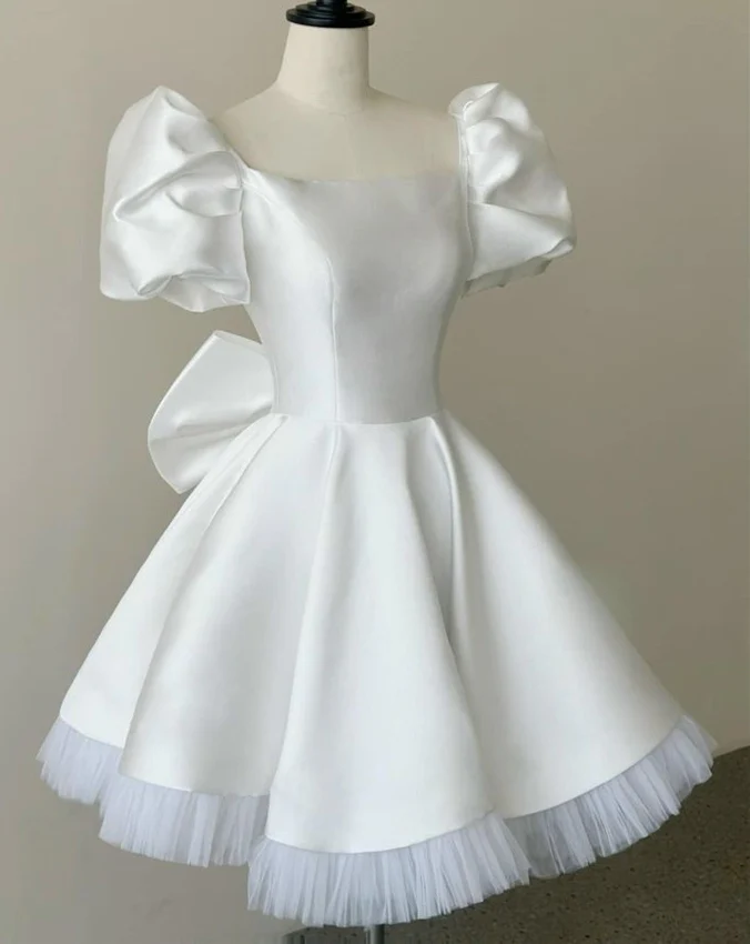 White Satin Homecoming Dress 2024 Puffy Short Sleeves fg6471 - View 2 | VelvetHem