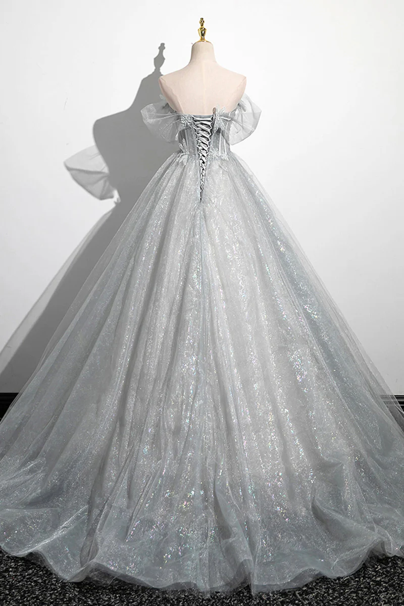 Gray A-Line Off the Shoulder Tulle Prom Dress, Lovely Corset Floor Length Party Dress fg6478 - View 3 | VelvetHem