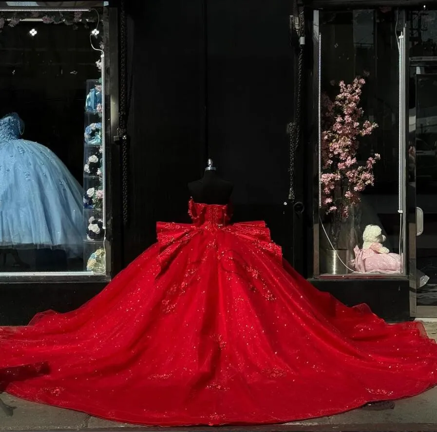 Red Princess Quinceanera Vestidos Gillter Off The Shoulder Corset vestidos de 15 Quinceanera Dress fg6291 - View 2 | VelvetHem
