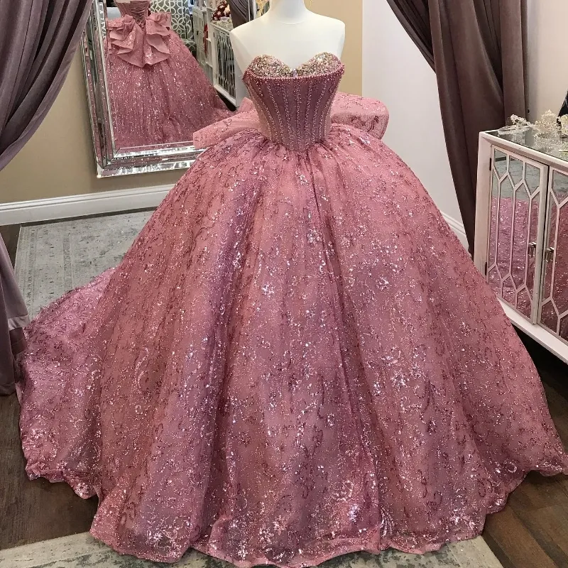 Pink Sequined Ball Gown Quinceanera Off The Shoulder Corset Lace Beads Crystal Sweet 16 Dress fg6633 - VelvetHem