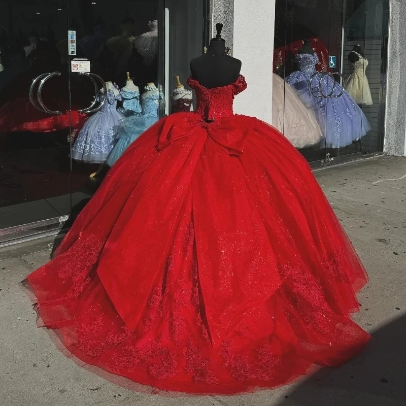 Princess Ball Gown Quinceanera Dresses Red Bow Lace Appliques Beaded Sweet 16 Dress fg6292 - View 2 | VelvetHem