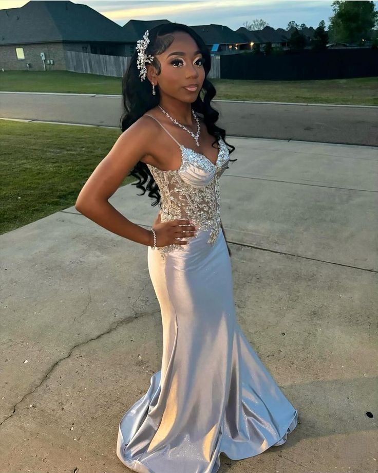 Satin Evening Dress, Silver Prom Dresses, V Neck Mermaid Spaghetti Straps Floor Length Dress fg6965 - VelvetHem