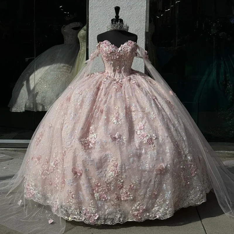 Light Pink Quinceanera Dress Off-Shoulder Lace Appliques Ball Gown fg6506 - VelvetHem