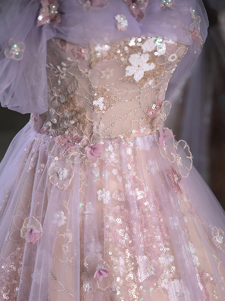 A-Line Off Shoulder Tulle Lace Purple Long Prom Dress, Purple Formal Dress fg6578 - View 2 | VelvetHem