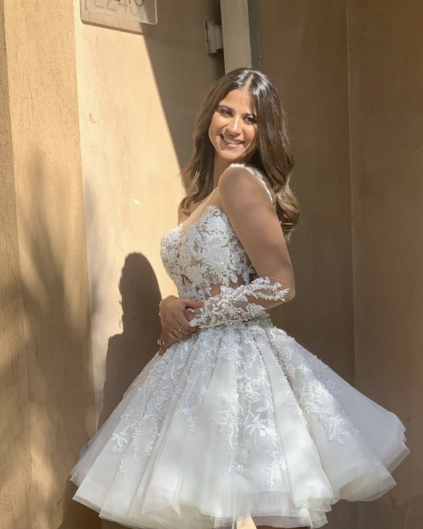 A Line Unique Short Wedding Dress with Lace Appliques fg6599 - VelvetHem