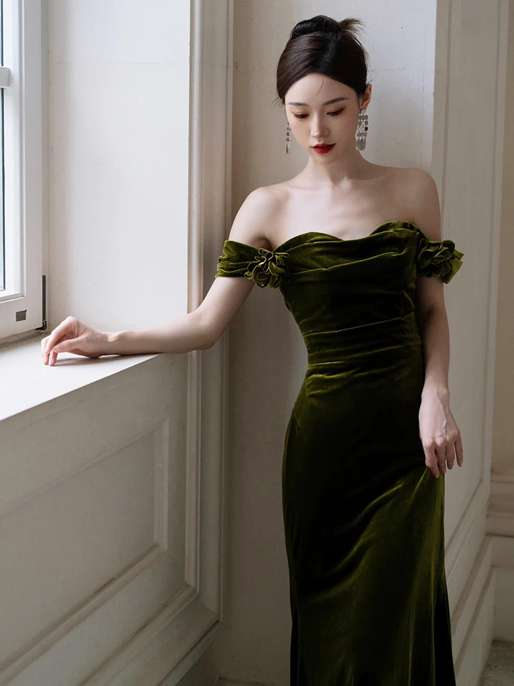 Dark Green Mermaid Velvet Off Shoulder Party Dress, Dark Green Prom Dress fg6199 - View 3 | VelvetHem