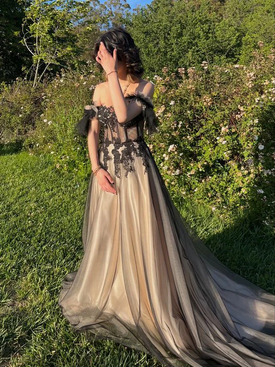 Off The Shoulder A Line Long Prom Dresses Tulle Evening Party Gown fg6219 - View 2 | VelvetHem