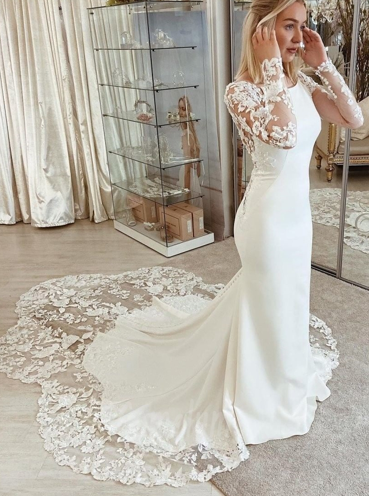 Chapel-length Petal Train Low Back Stretch Crepe Wedding Dress With Long Sleeves fg6562 - View 2 | VelvetHem