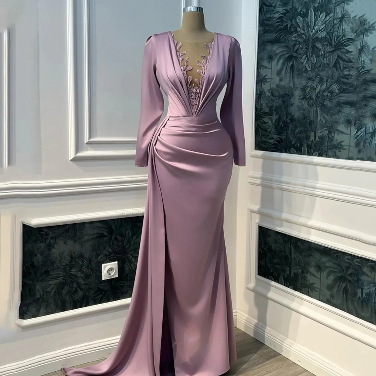 Vintage Prom Dresses Long Sleeve Illusion V-neck Mermaid Evening Dress Floor Length Saudi Arabia Cocktail Party Gowns fg6555 - View 2 | VelvetHem