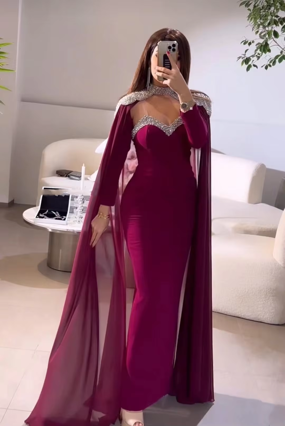 Elegant Middle East Prom Dresses with Chiffon Cape Spaghetti Straps Long Sleeve Evening Gowns Formal Occasion Party Dress fg6411 - View 2 | VelvetHem