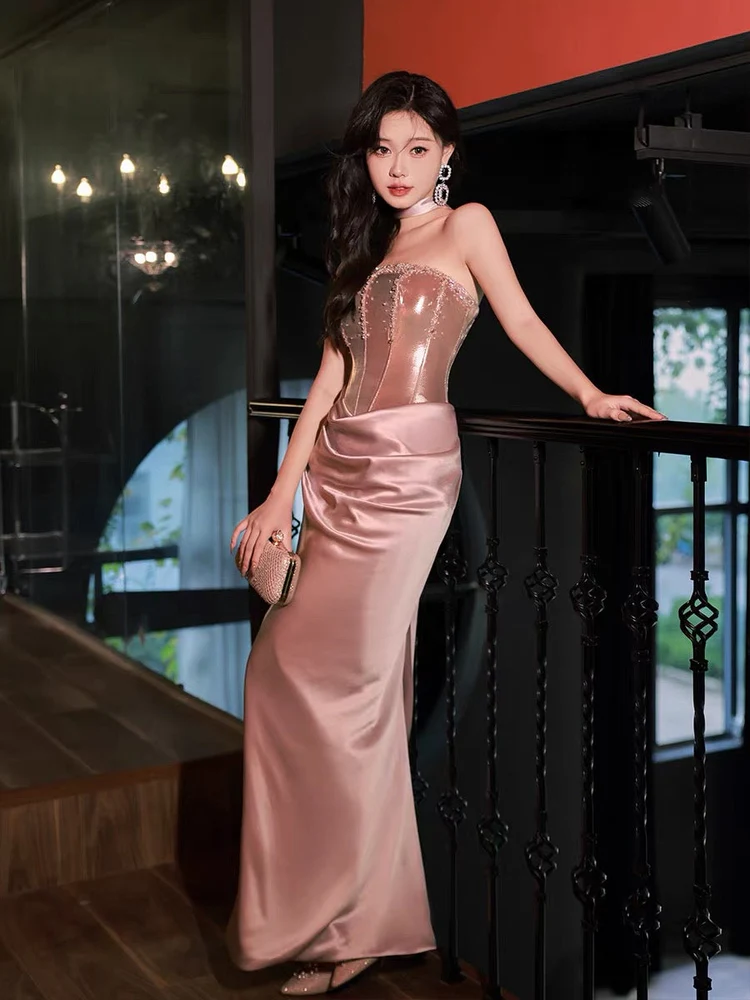 Sexy Rose Gold Party Dresses 2024 Strapless Beading Sleeveless Floor-Length Evening Gown fg6214 - View 3 | VelvetHem