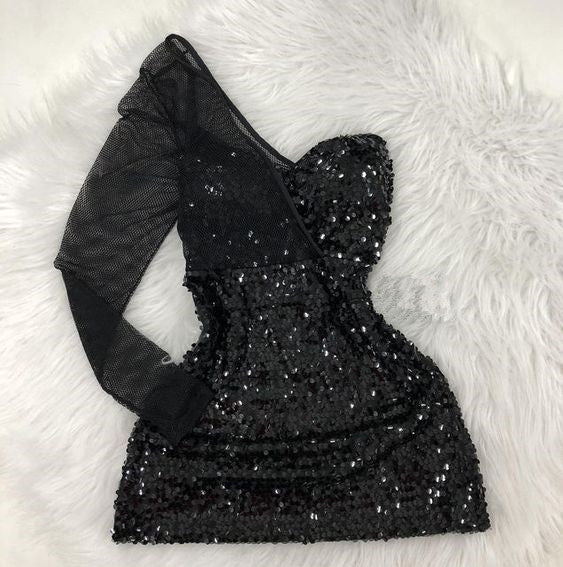 Black One Shoulder Sequins Mini Homecoming Dress fg6299 - View 2 | VelvetHem