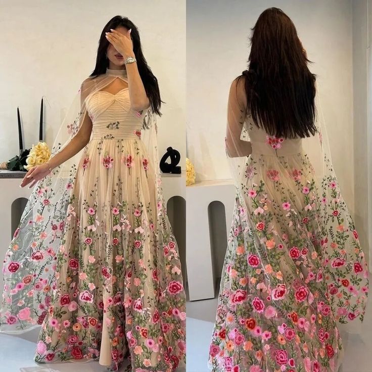 A-line Tulle Floral Long Prom Dress Unique Evening Dress fg6967 - View 2 | VelvetHem