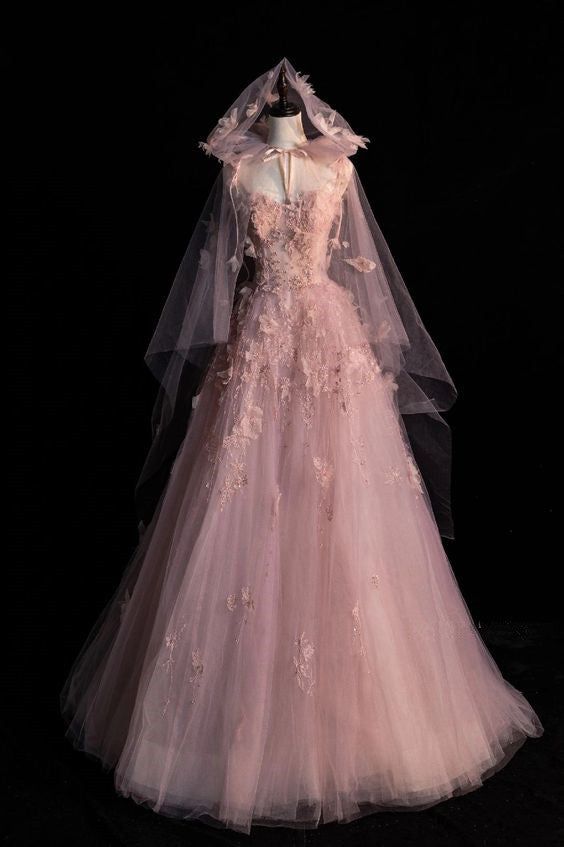 A line Spaghetti Straps Pink Tulle Prom Dresses for Teens fg6964 - View 3 | VelvetHem