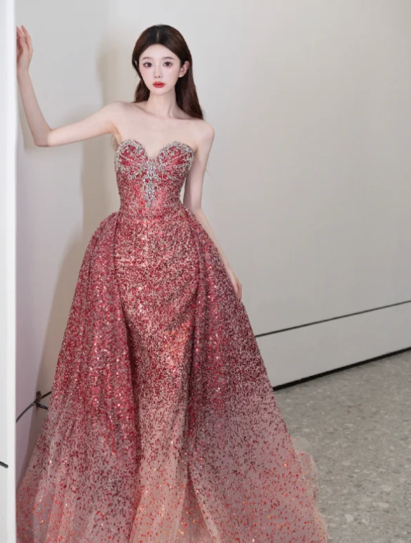 Sweetheart Neck Burgundy Prom Party Dress Sparkle Evening Dress Birthday Dress - VelvetHem