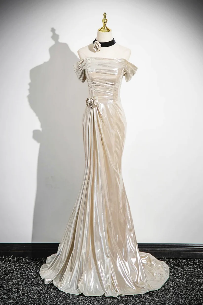 Charming Champagne Off The Shoulder Satin Prom Dress Mermaid Evening Gown Y8202 - VelvetHem