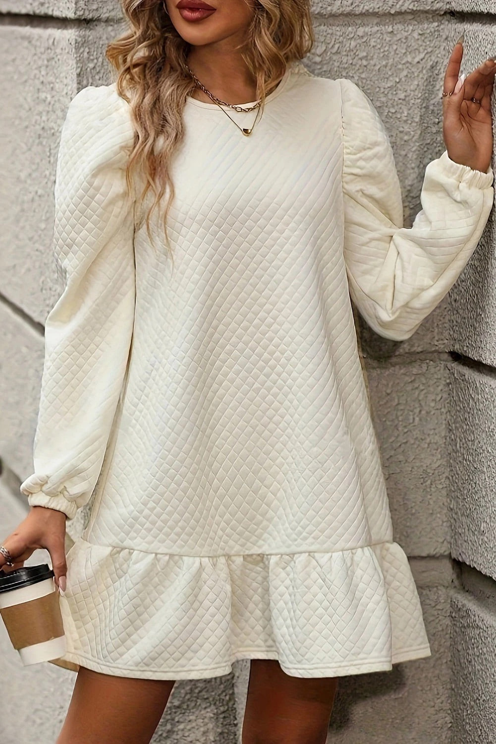 Ariana Effortless White Structured Mini Dress with Ruffle Hem and Grid Pattern Elevated Occasion Wear